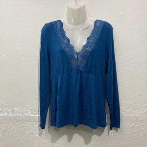 Fleur't Womens Night Shirt Pullover Top Long Sleeve Lace Babydoll Blue M/M